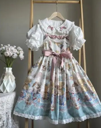 Chic Lolita ruffle top with bubble sleeves in soft pastel tones, perfect for kawaii and soft girl outfits