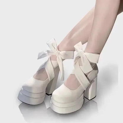 Chic suede lace-up platform heels with pastel laces, lolita, cutecore, alternative fashion and kawaii lifestyle for DDLG and ABDL girlies
