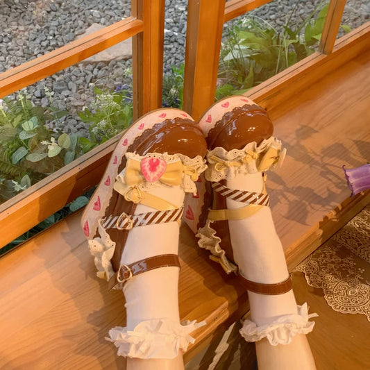 Chocolate Strawberry Dream Platforms with heart buckles and lacy trims, perfect for kawaii and dollcore fashion