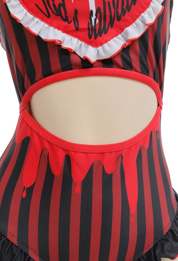 Little Confession Bodysuit with choker neckline, red-black stripes, side frills, ideal for cosplay, lingerie, or baddie play