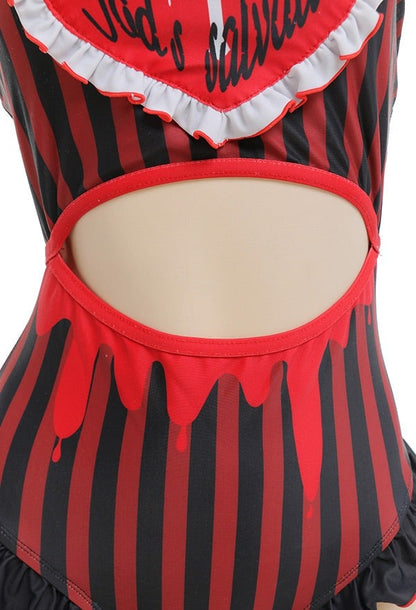 Little Confession Bodysuit with choker neckline, red-black stripes, side frills, ideal for cosplay, lingerie, or baddie play