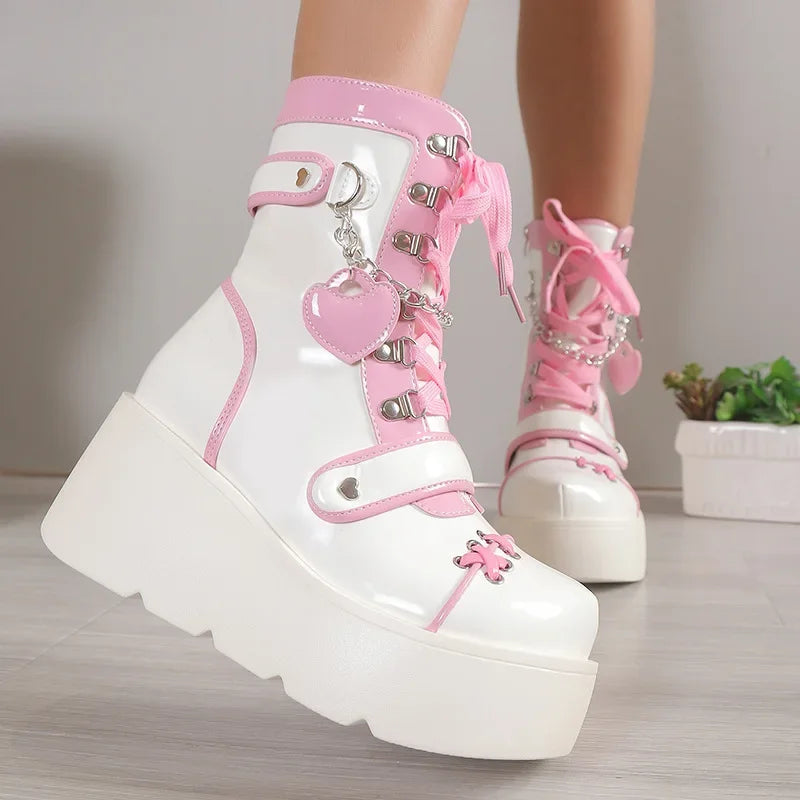 Chunky platform lace boots, Heavy Love edition with lace-up and chains for ABDL DDLG alternative fashion