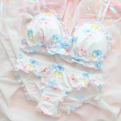 Pastel blue bra and panty set with smiling cloud print and soft fit for DDLG ABDL kawaii soft girl style