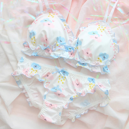 Pastel blue bra and panty set with smiling cloud print and soft fit for DDLG ABDL kawaii soft girl style