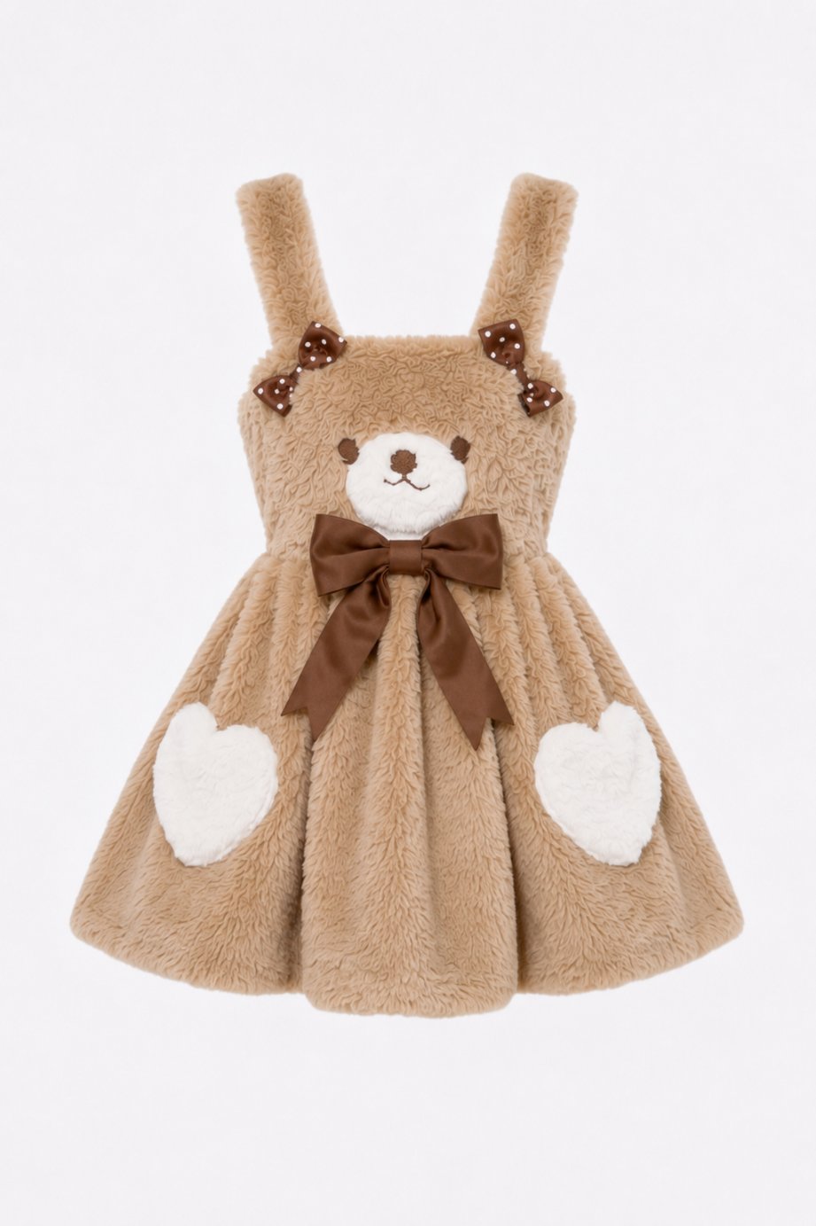 Flat lay of Cocoa Bear coquette suspender dress with heart pockets and bow