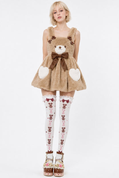 Model wearing Cocoa Bear coquette suspender dress, DDLGirl kawaii style