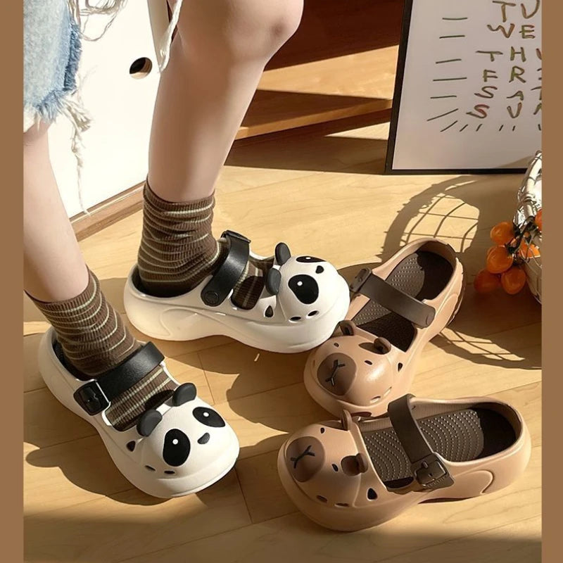 Coffee brown animal print kawaii slides ideal for sunny days, beach trips, and everyday comfort