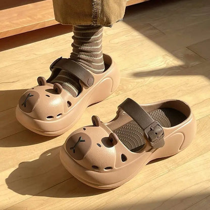 Coffee brown kawaii animal slides with breathable soft sole perfect for poolside and casual outings