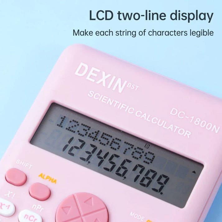 Dual-line LCD Boss Babe math calculator in pink with 240 functions, large keys, and protective cover for durability.