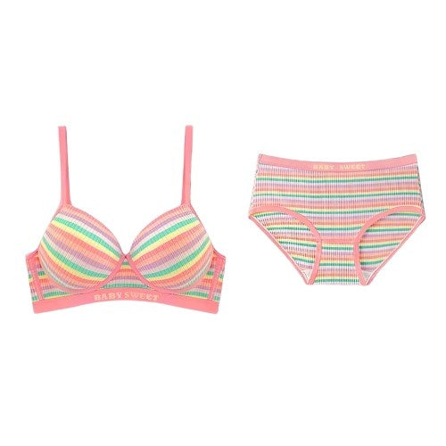 Coquette kawaii candy girl lingerie set with pastel rainbow colors and playful sweet aesthetic