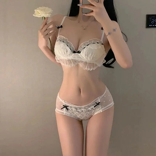 Coquette Kiss Babydoll Set, DDLGirl cutecore lingerie, lacy ruffles, soft girl full set, Black & White or Pastel Blue