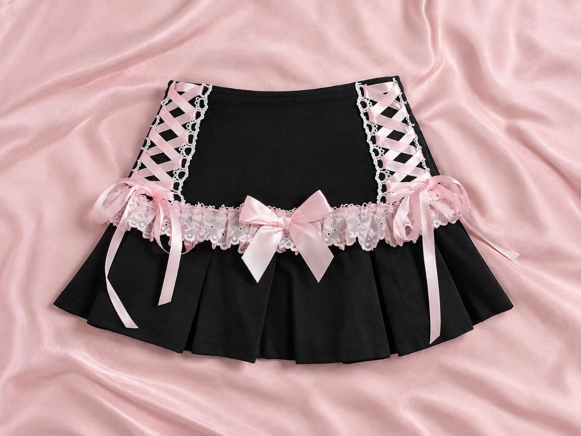 Pink satin bow accent detail on black coquette pleated mini skirt