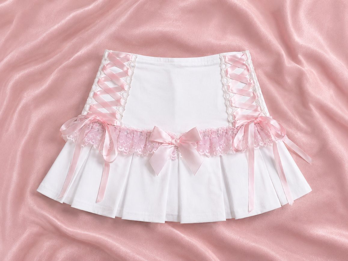 Model wearing white coquette lace up pleated mini skirt, DDLGirl kawaii style
