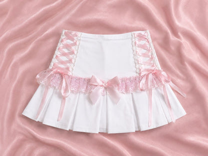 Model wearing white coquette lace up pleated mini skirt, DDLGirl kawaii style