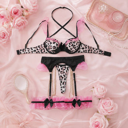 High waist garter belt in leopard print with pink ruffle trim, coquette lingerie set