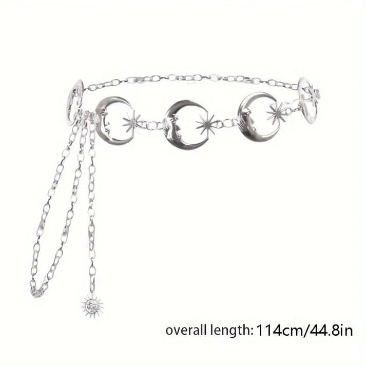 Celestial belt chain with star, moon, and sun details, lightweight and adjustable, designed for cosplay, kawaii, and magical style.
