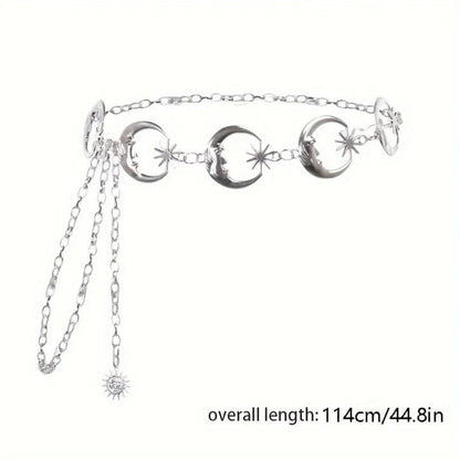 Celestial belt chain with star, moon, and sun details, lightweight and adjustable, designed for cosplay, kawaii, and magical style.