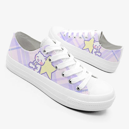 Cosmic Cuddle Plaid Sneakers with celestial stars, moons, and fluffy prints for DDLG and kawaii fashion