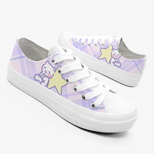 Cosmic Cuddle Plaid Sneakers with celestial stars, moons, and fluffy prints for DDLG and kawaii fashion