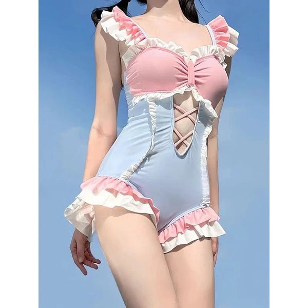 Playful cotton candy ruffle onesie with hollow cut, kawaii DDLG ABDL outfit