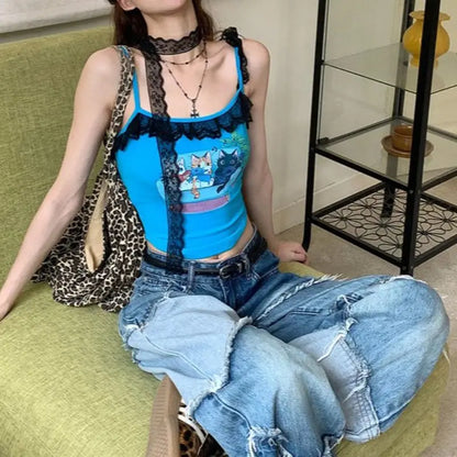 Couch Club blue Kitty Lacy Top perfect for casual loungewear with lightweight lace and cats