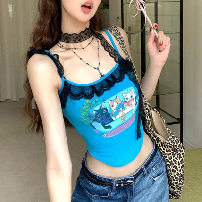 Couch Club Kitty Lacy Top in blue with breathable lace and playful cat print design