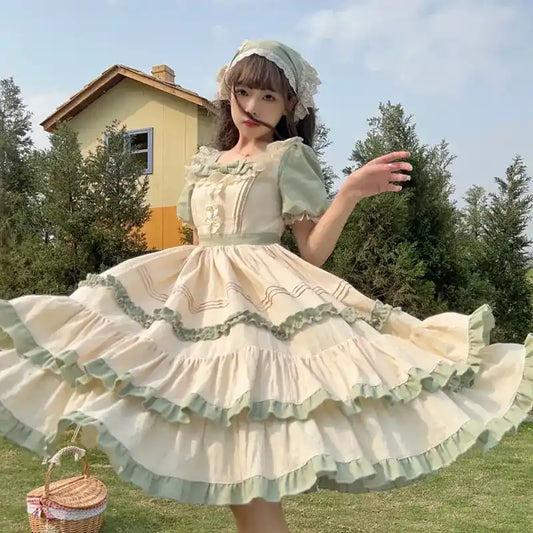 Country Chic Lolita Dress with puff sleeves and kawaii prairie style