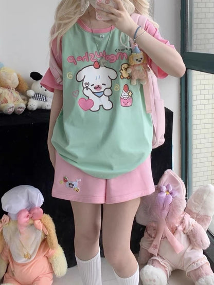 Cozy oversized tee with cute kitty bakery graphic in kawaii style