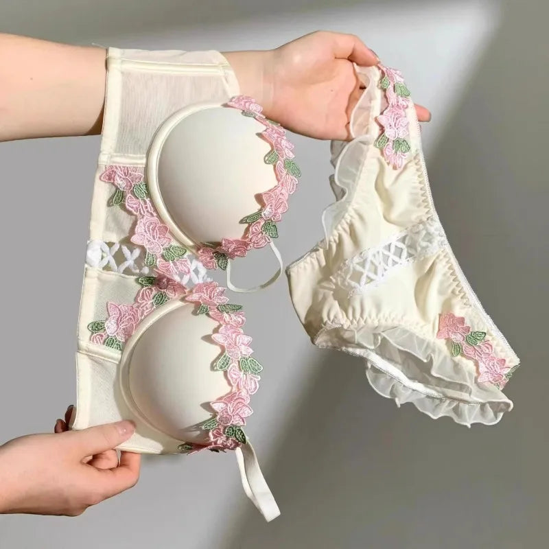 Cream beige bustier and lace-up panty set with floral embroidery and ruffle trim for DDLG ABDL soft girl fashion