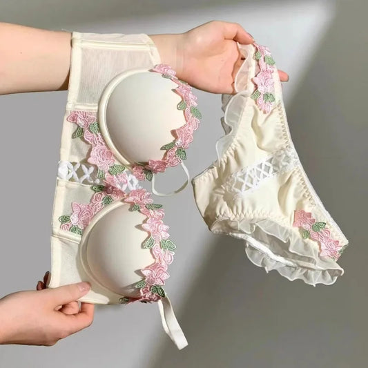 Cream beige bustier and lace-up panty set with floral embroidery and ruffle trim for DDLG ABDL soft girl fashion