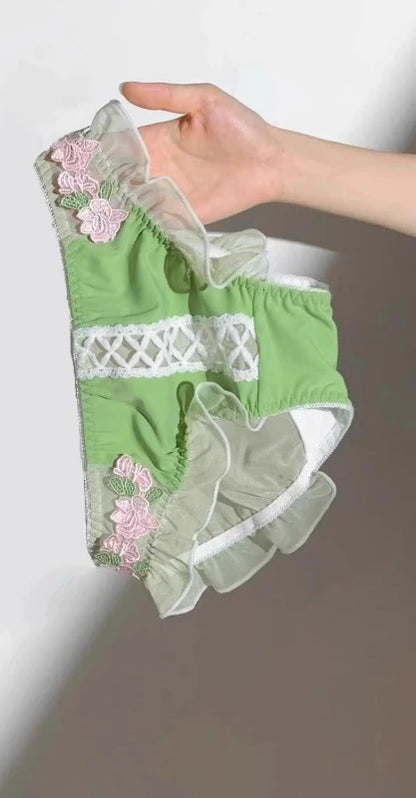 Cream pastel bustier and frilly panty set with floral embroidery and lace-up accents for DDLG ABDL soft girl aesthetic