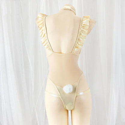 Glossy Creamy BunBun bodysuit with bunny tail and bow detail in ddlg baddie Y2K style