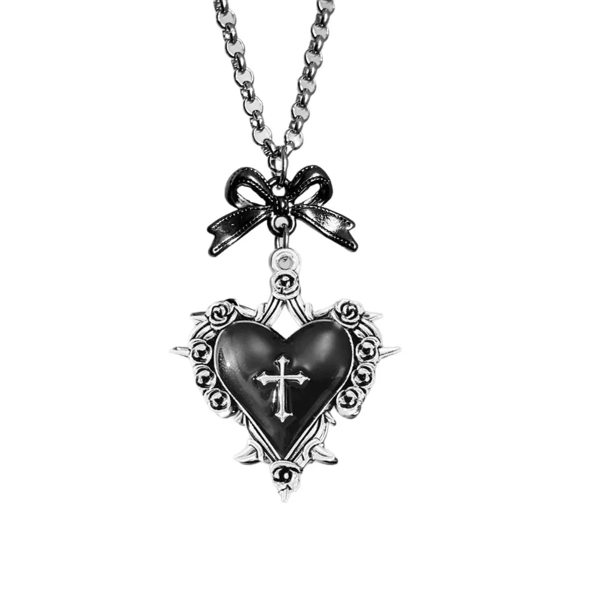 Black Crimson Thornheart Doll Necklace with rose heart and cross charm, dark goth meets babygirl elegance