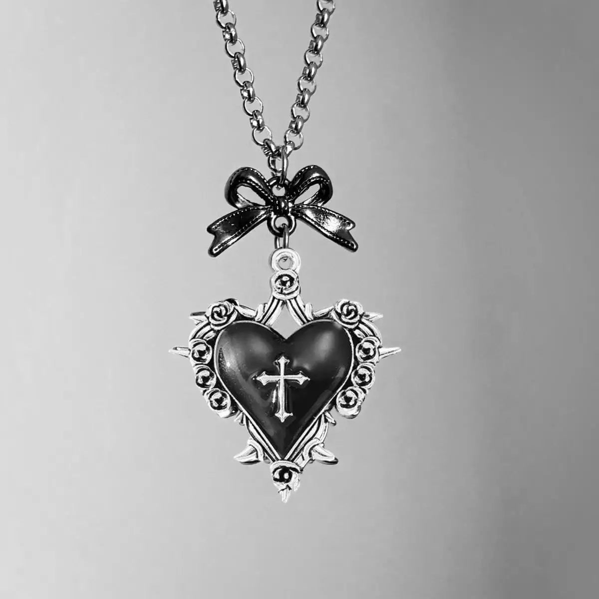 Dark black crimson thornheart necklace with babycore ribbons and gothic charm, for kawaii goth aesthetics