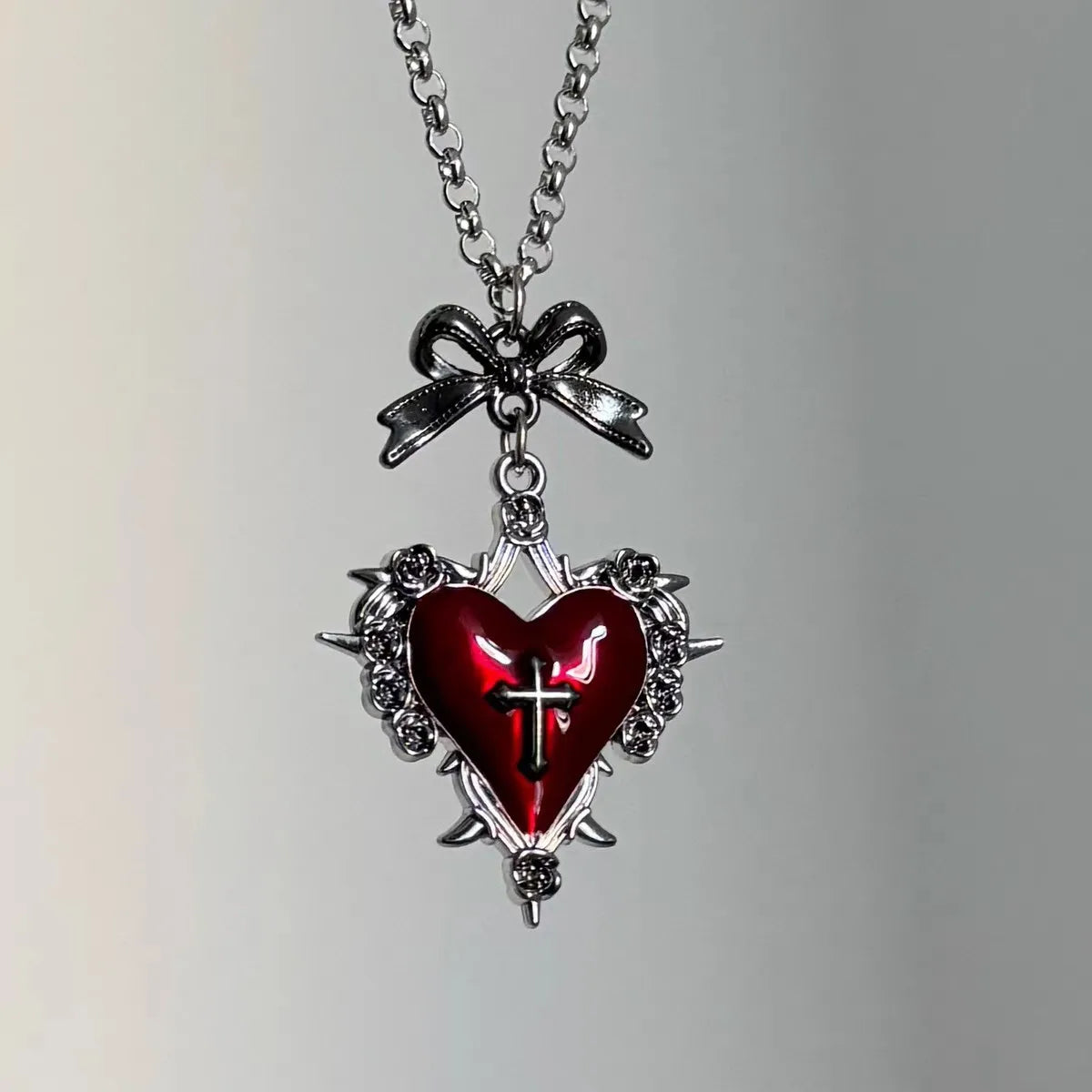 Crimson Thornheart Doll Necklace in red, gothic babycore charm with rose heart and delicate ribbon bow