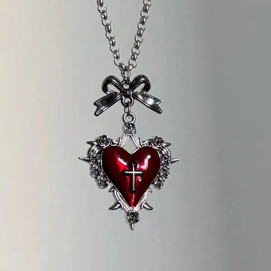 Crimson Thornheart Doll Necklace in red, gothic babycore charm with rose heart and delicate ribbon bow