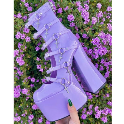 Lavender gothic heels with buckled straps and cross charms for kawaii, ddlg, and pastel goth fashion