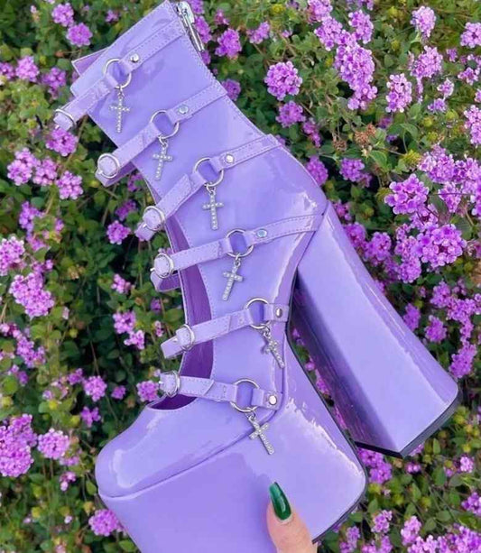 Crossed in Lavender Heels with delicate buckled straps and cross charms for gothic, pastel goth, and DDLG fashion