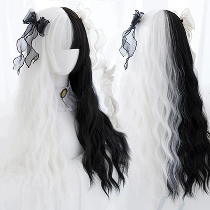Cruella split wig with striking black and white half-and-half design for kawaii and cosplay