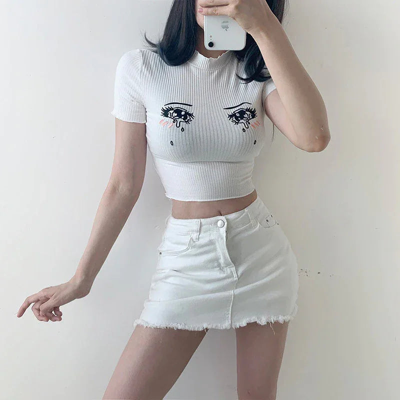 Blush and teardrop embroidery detail on Cry Baby Anime Crop Tee for DDLG kawaii cutecore Y2K Harajuku babygirl little space soft girl looks