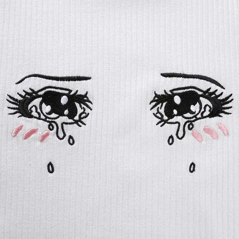 Bratcore coquette Cry Baby Anime Crop Tee with embroidered eyes and lettuce hem for DDLG kawaii babygirl cutecore Y2K little space fits