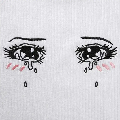 Bratcore coquette Cry Baby Anime Crop Tee with embroidered eyes and lettuce hem for DDLG kawaii babygirl cutecore Y2K little space fits