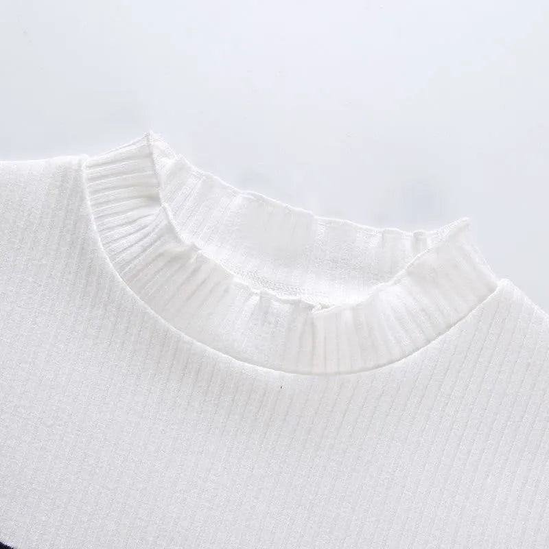 Closeup of soft lettuce edge neckline on Cry Baby Anime Crop Tee for DDLG kawaii cutecore babygirl Y2K Harajuku little space soft girl style