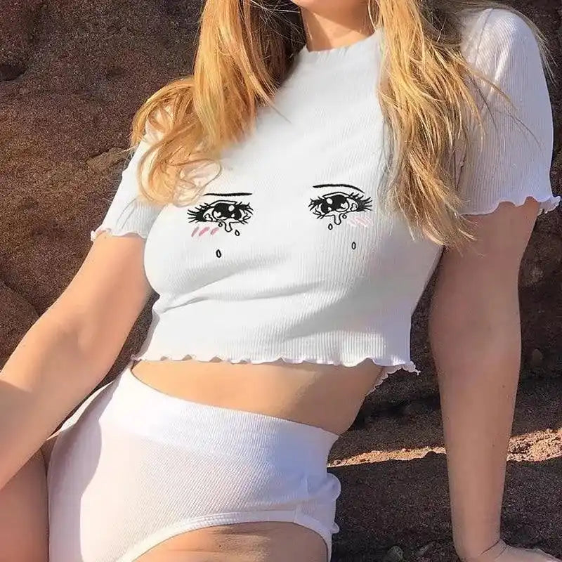 Cry Baby Anime Crop Tee as a kawaii DDLG gift for babygirl anime lovers with cutecore Y2K Harajuku soft girl little space aesthetic style