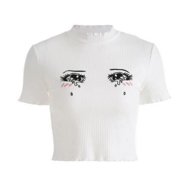 Side view of Cry Baby Anime Crop Tee showing slim cropped ribbed silhouette for DDLG kawaii Y2K Harajuku soft girl aesthetic outfits