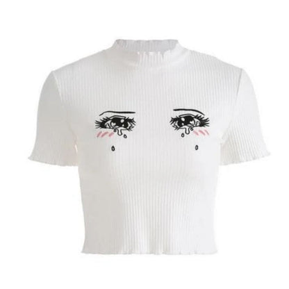 Side view of Cry Baby Anime Crop Tee showing slim cropped ribbed silhouette for DDLG kawaii Y2K Harajuku soft girl aesthetic outfits