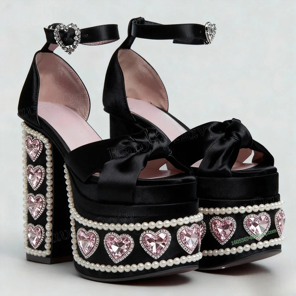 Black Crystal Heart kawaii platform heels with pink heart crystals