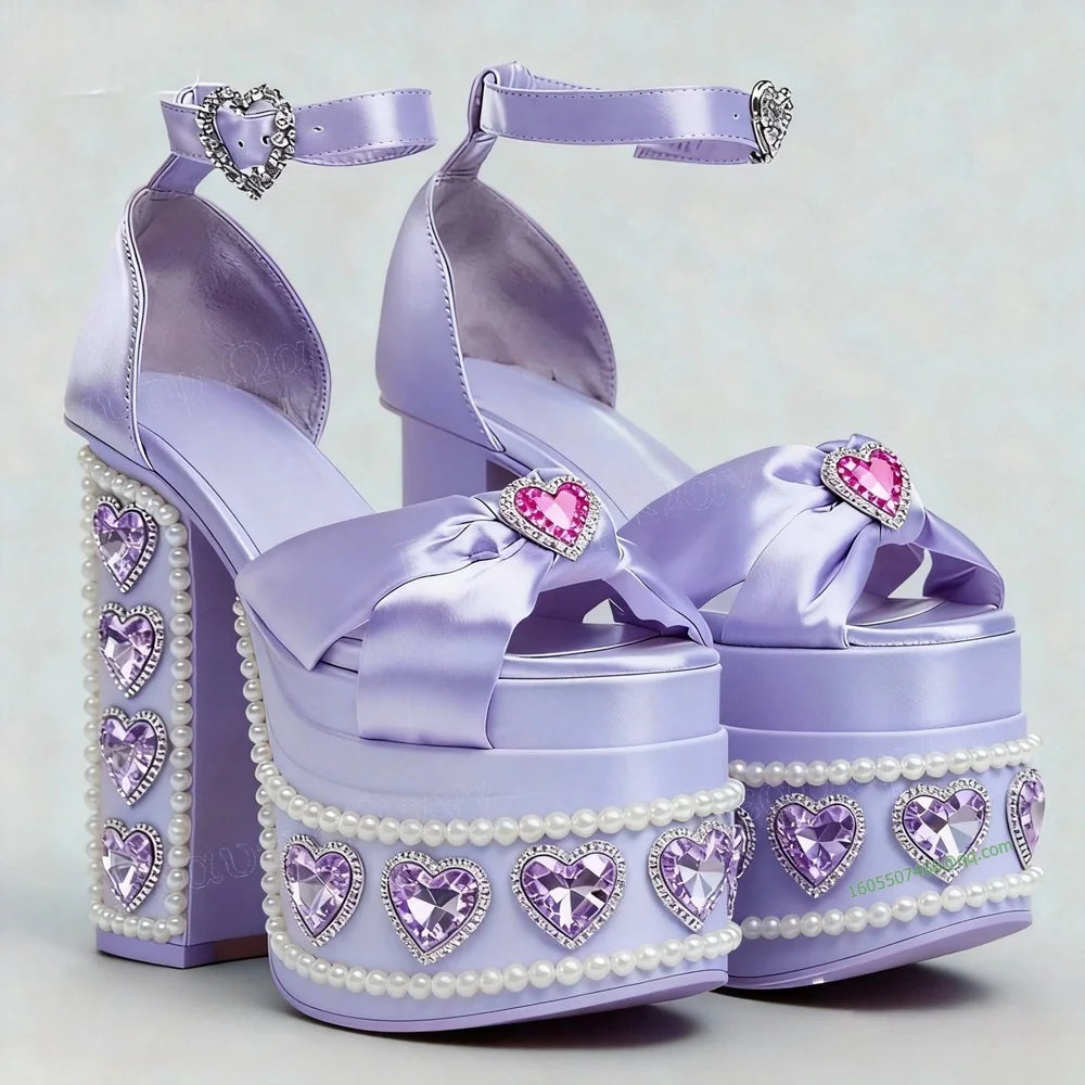 Purple Crystal Heart platform heels with pink front gem, kawaii style