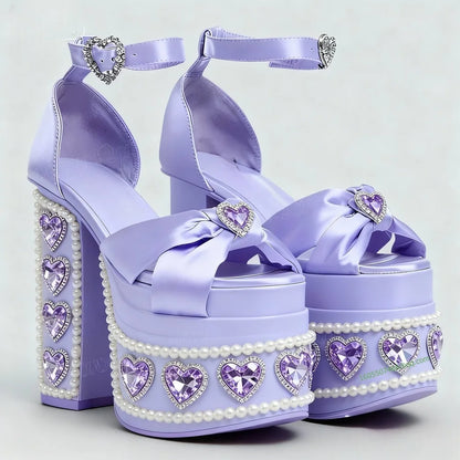 Purple Crystal Heart kawaii platform heels, princess coquette style