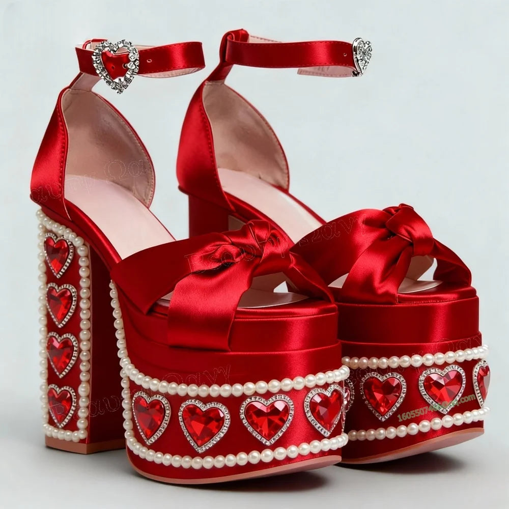 Red Crystal Heart kawaii platform heels with red heart crystals